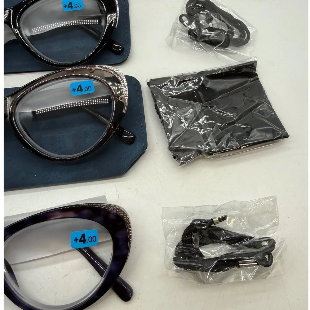 Set of 3 Round Reading Glasses +4.00 Strength Purple Tortoise Grey Black 8812
